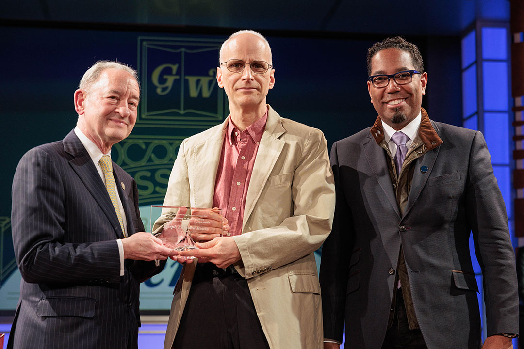 2023 Writing in the Discipline Award Winner for Best Assignment Design: Professor Joseph Bonin (center), President Mark S. Wrighton (left) and Vice President for Academic Affairs Christopher Alan Bracey.