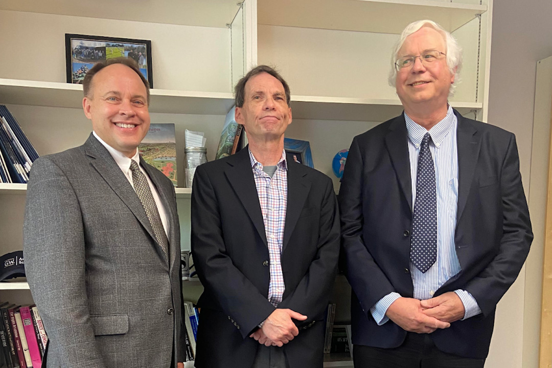 From left, CCAS Dean Paul Wahlbeck, donor John Dixon Sullivan and Math Department Chair Frank Baginski