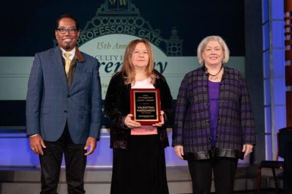 Provost Christopher Alan Bracey, Valentina Harizanov and President Ellen M. Granberg